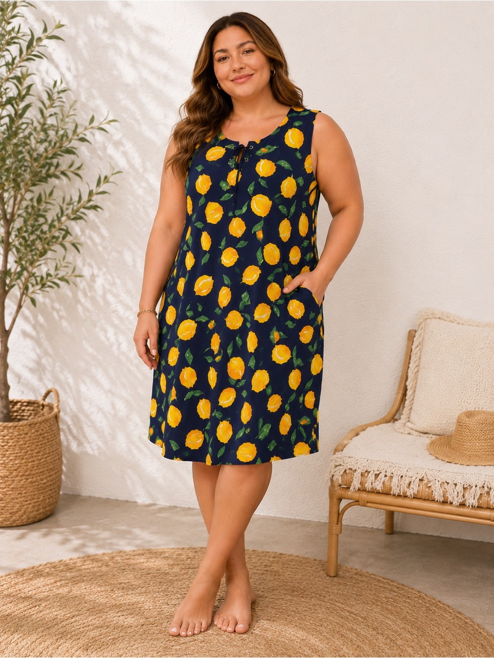Lemon Print Navy Sleeveless Dress